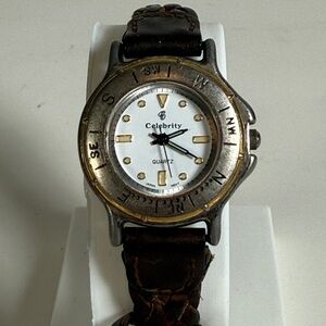 Vintage Celebrity Watch Compass Bezel White Dial Braided Leather Strap